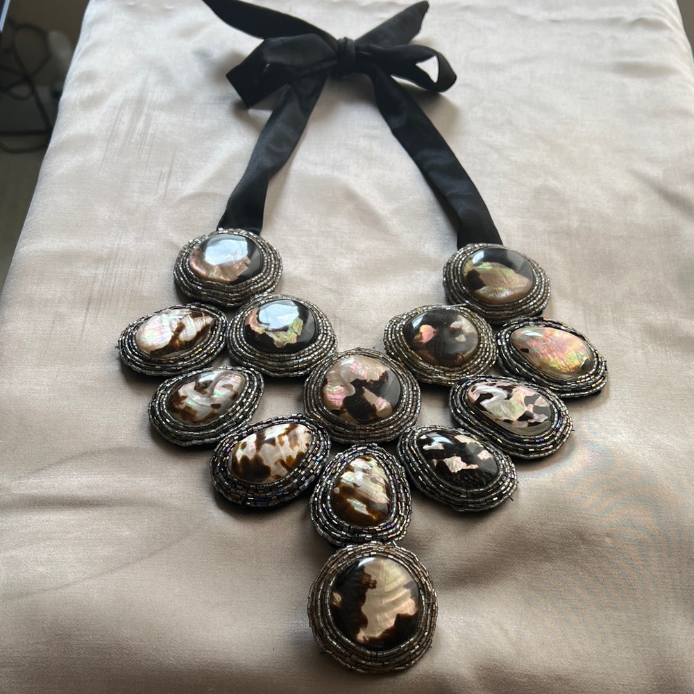 Vintage Iridescent Semi Precious Stones Statement Necklace with Black Ribbon Tie